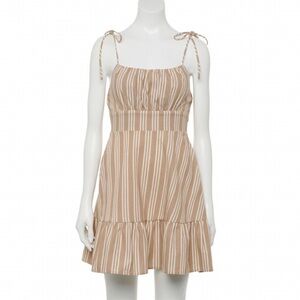 Women Striped Shoulder Tie Khaki Dress